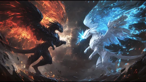 Twin elemental dragons locked in fiery ice sky battle.