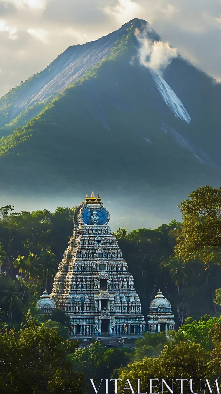 Mountain temple rises through misty forest in golden light
