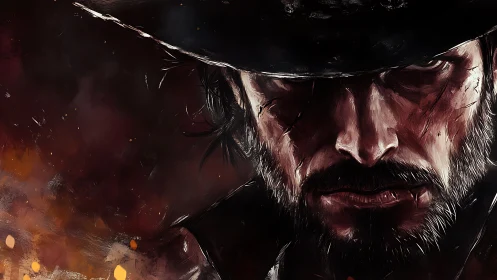 Scorched outlaw glare carved from dusk and gunpowder fire.