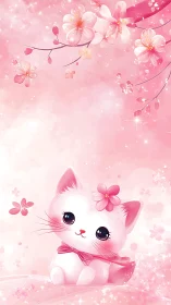 Illustration of adorable white anime cat with pink florals in ethereal dreamscape