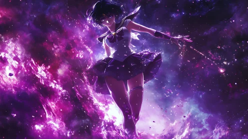 Cosmic warrior girl commands glowing violet nebula storm.