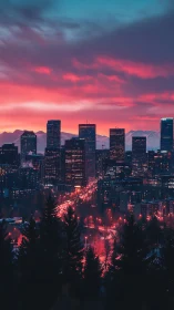 City skyline stands against vivid sunset over distant mountains