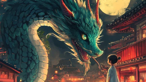 Moonlit jade dragon confronts girl in lantern-lit street.