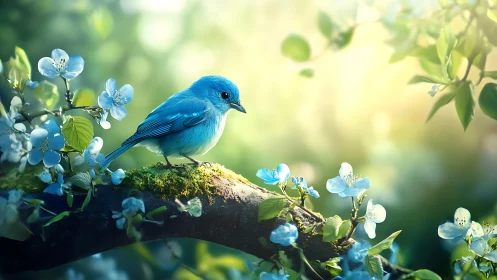 Blue songbird perched on mossy branch, springtime fantasy style.