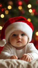 Baby in red Santa hat under warm Christmas bokeh glow.