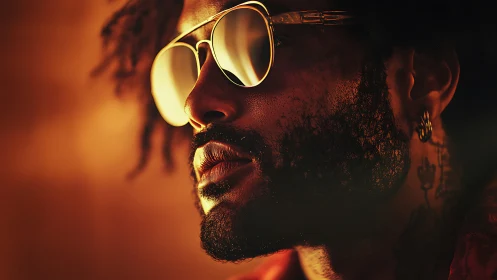 Portrait with golden sunglasses in warm cinematic light.