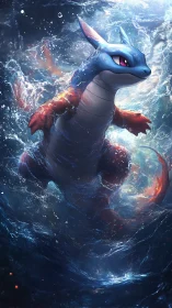 Storm-born sea dragon surges through moonlit tidal chaos.