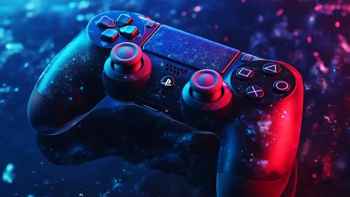 Neon-Lit Gaming Controller Glowing in Cosmic Particles.