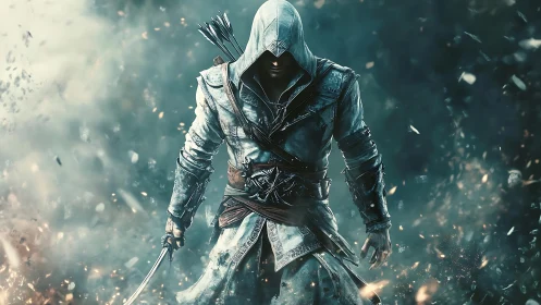 Mysterious hooded warrior strides through swirling embers.