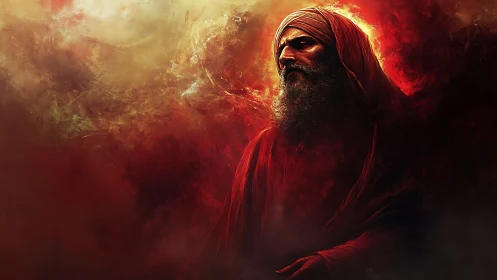Fiery robed elder stands in swirling cosmic red light