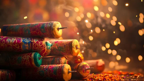 Photorealistic festive firecrackers with bokeh illumination.