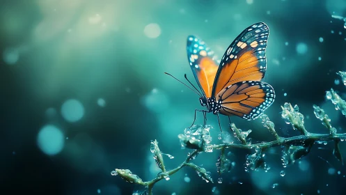 Photorealistic monarch butterfly on dewy branch in bokeh field.