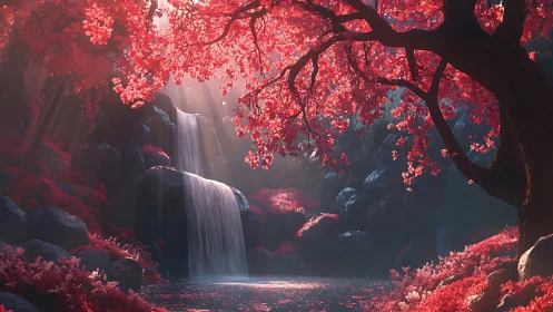 Crimson blossoms cradle a hidden waterfall in drifting light