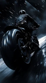 Motorcyclist rides at high speed on wet night roadway