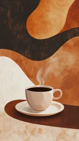 Steaming coffee cup on saucer with abstract brown forms.