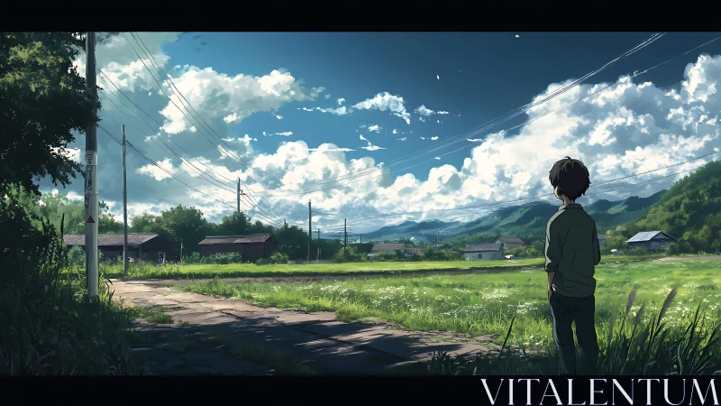Summer-laden boy gazes toward cloud-brushed country horizon.