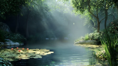 Sunlit forest pond with lilies rests in quiet morning haze.