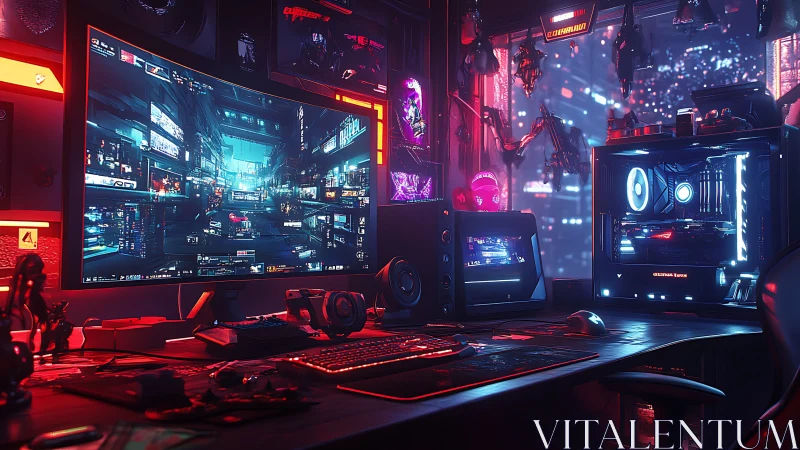 Cyberpunk gaming battlestation with neon-lit dual rigs.