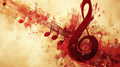 Red treble clef and musical notes on textured beige background.