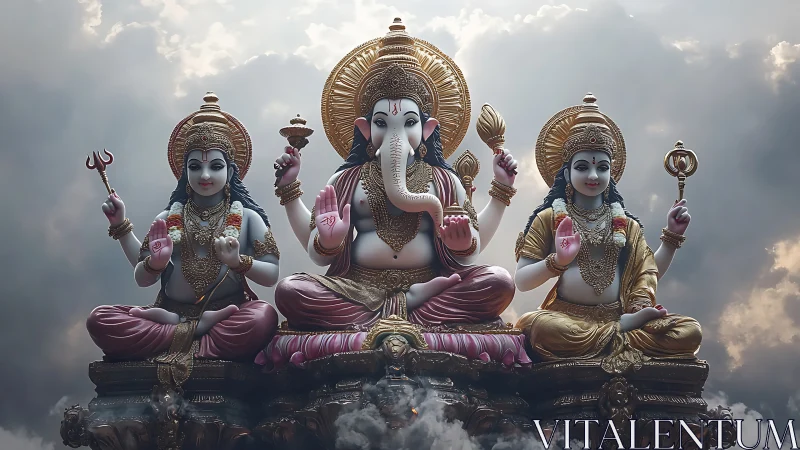 Symmetrical Hindu deity trio with ornate sculptural detailing