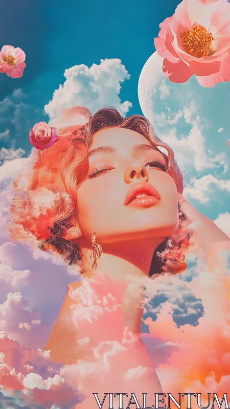 Surreal female portrait merges with colorful clouds and sky