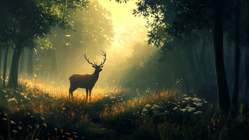 Majestic Deer in Sunlit Forest Clearing, Digital Art Style.