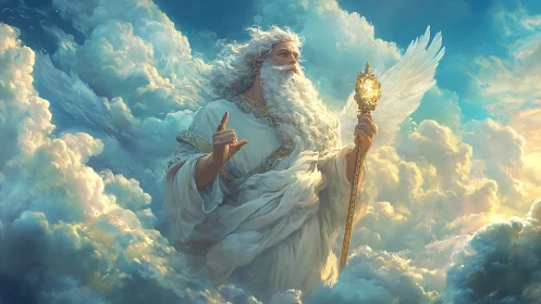 Winged celestial deity commands radiant clouds above.