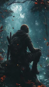 Lone tactical scout resting on mossy outcrop in dense jungle