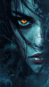 Flaming-eyed sorceress glares through swirling blue smoke.