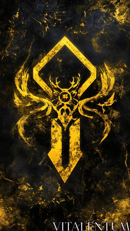 Heraldic stag sigil blazing in molten gold and shadowed soot.