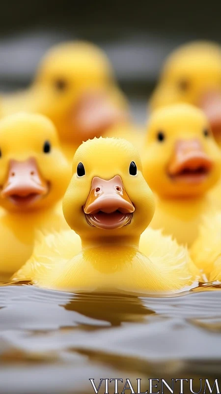 Yellow ducklings swim in tight formation, shallow depth of field.