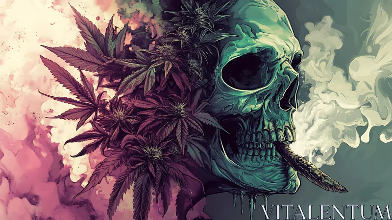 Smoky skull blooms through neon cannabis twilight haze.