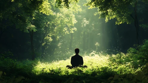 Person Meditating Alone in Sunlit Forest Clearing, Peaceful Scene.
