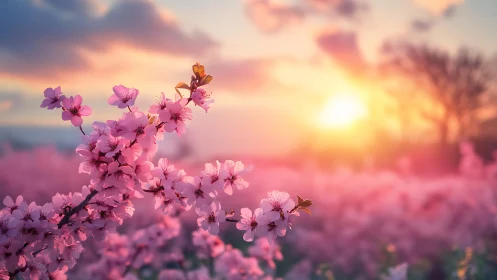 Pink flowering shrub at sunset with blurred field background.
