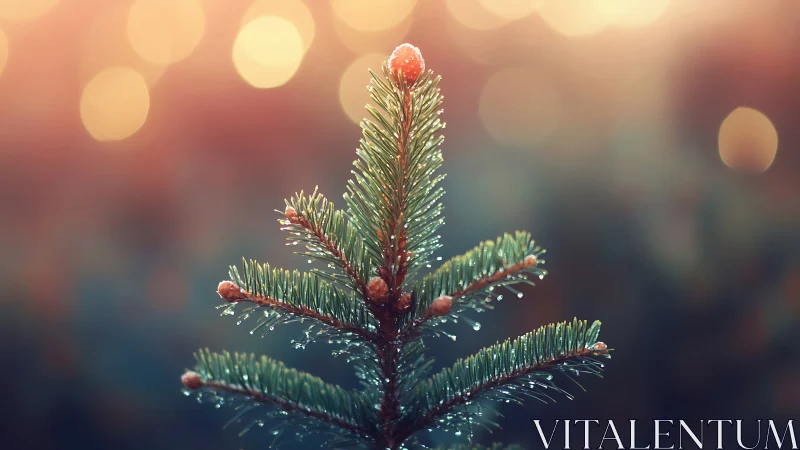 Young evergreen branch glows softly in warm winter light