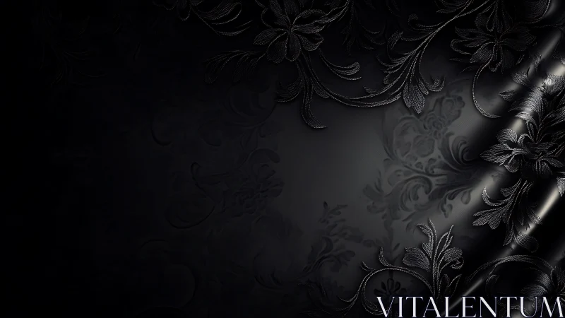 Velvet black floral scrolls with soft reflective shimmer.