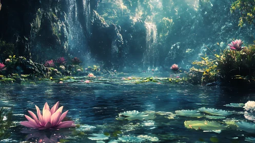 Water lily pond below rock waterfalls in dense forest.