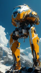 Friendly mountain mech strolling under a bright blue sky.
