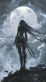 Lone armored warrior stands under vast luminous full moon