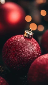Macro view of glittered red Christmas bauble with bokeh lights.