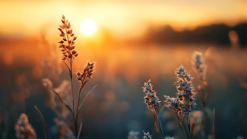 Backlit seed heads stand in shallow focus against low sun