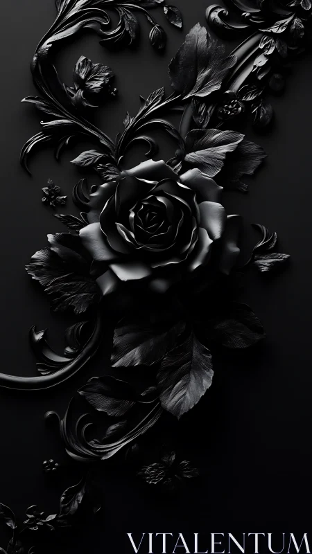Black and White Rose with Ornamental Flourishes