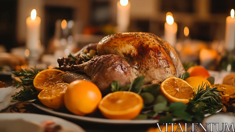 Golden roasted turkey surrounded by citrus and candlelight.