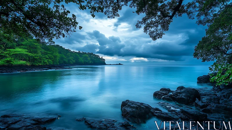 Twilight coastal lagoon captured with long exposure serenity