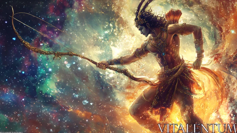 Cosmic warrior archer draws ornate bow amid stellar firestorm
