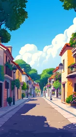 Sunlit Mediterranean lane with stylized foliage and deep vanishing point.