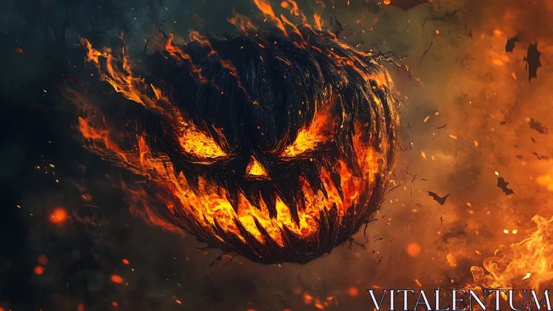 Fiery jack o lantern skull burns through smoky night sky.