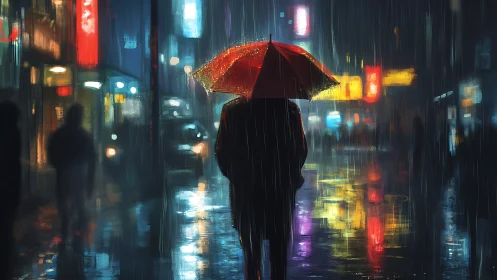 Backlit pedestrian with red umbrella in neon‑lit nocturnal rain