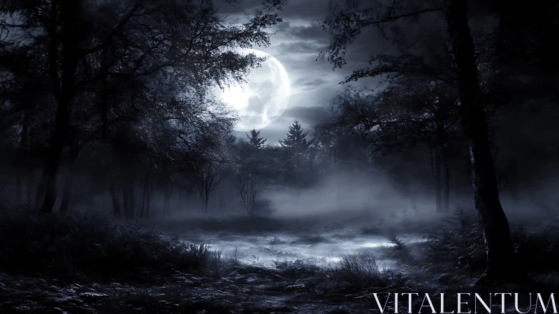 Moonlit fog over dark forest clearing at night.