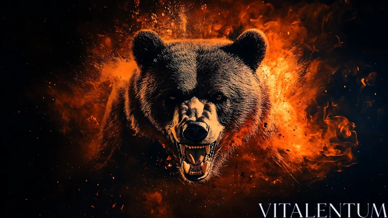 Roaring bear head erupts from inferno against dark void